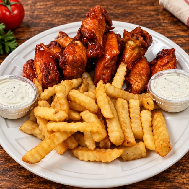 12 Wings with Fries and Ranch Dressing.