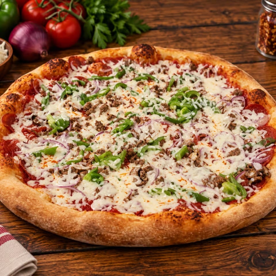 Large loaded pizza with melted cheese, pepperoni, sausage, green peppers, and red onions on a rustic wooden table.