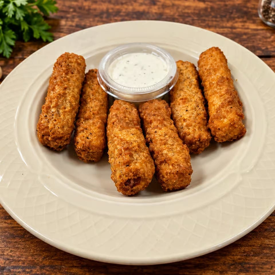 Six golden-brown fried cheese sticks arranged on a plate with creamy dipping sauce.