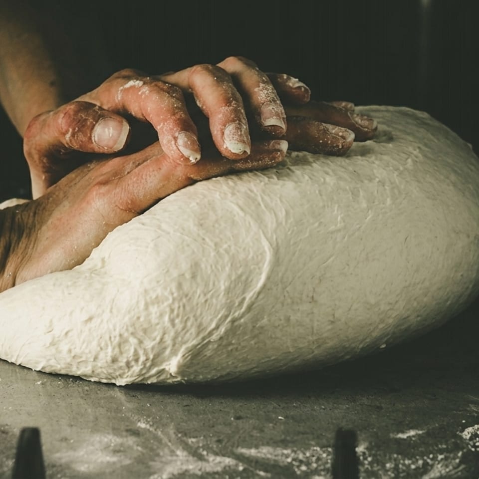 Hands knead a large ball of dough on a flour-dusted work surface in a dimly lit kitchen.