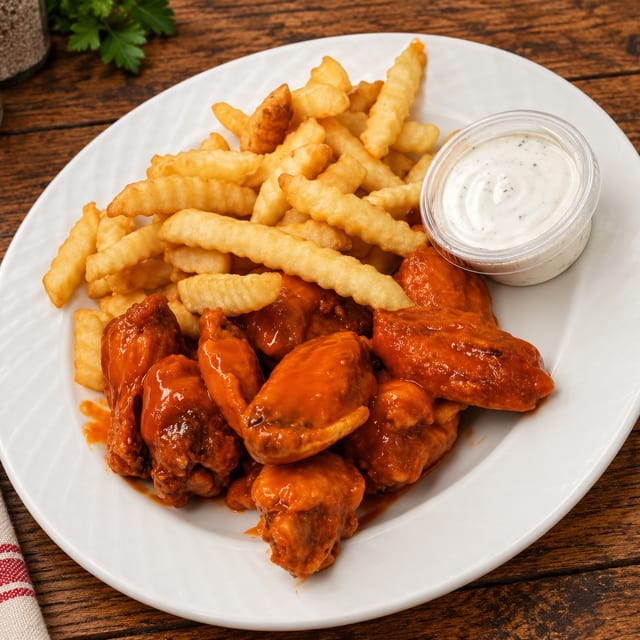 8 Wings with Fries and Ranch Dressing.