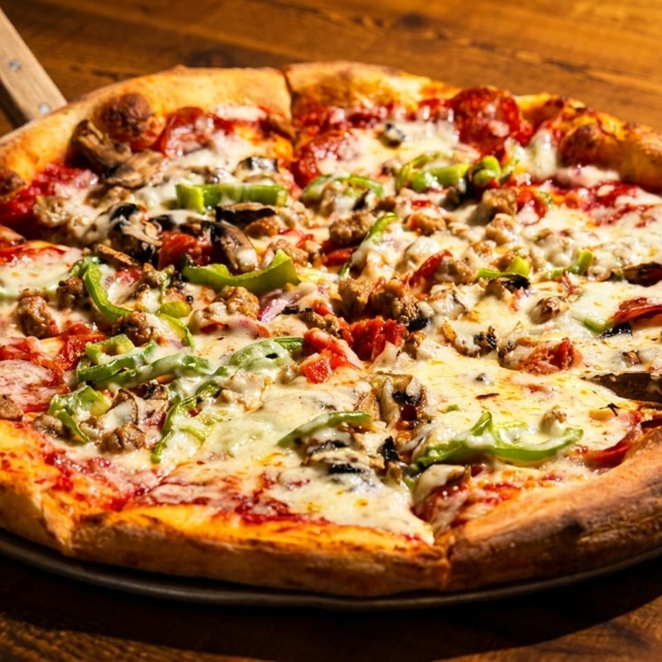 Loaded pizza with pepperoni, mushrooms, sausage, green peppers, and melted cheese on a wooden table.