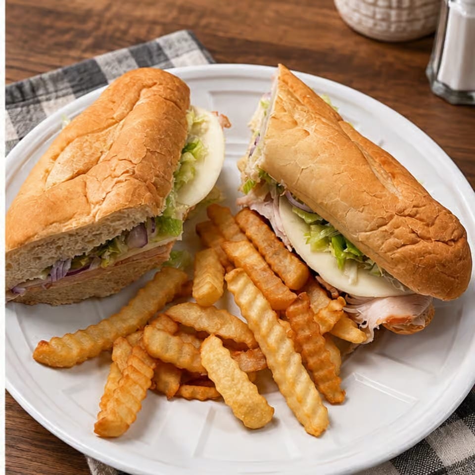 Two deli sandwiches with lettuce, onion, and sliced meat served alongside crinkle-cut fries on a white plate.