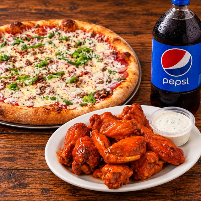 12" Pizza, 8 Wings & 2-Liter Combo.